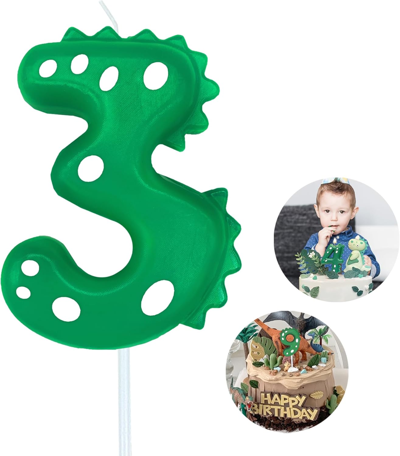 Number Birthday Candles(3 Candle Green) Dinosaur Shape Number Happy Birthday Cake Candles for Dinosaur Birthday Party Decoration Reunions Theme Party