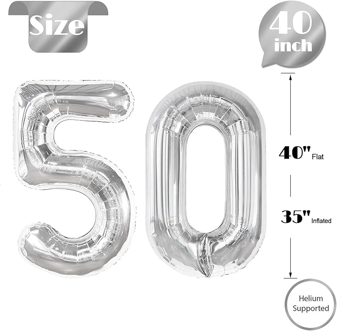 Silver Number 50 Balloon 40 inch, 50 Number Balloons, 50th Silver Birthday Decorations for Girls Boys Kids, 50 Year Old Women Men Silver Party Supplies