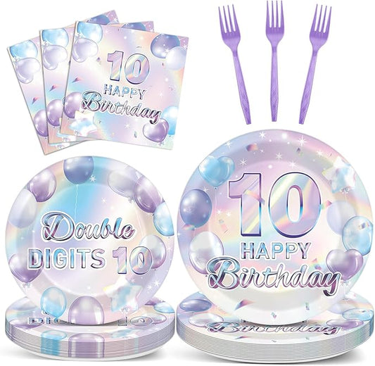 96Pcs Iridescent 10th Birthday Paper Plates and Napkins for Double Digits Party Dessert Cake Plates Disposable Decor 10 Years Old Parties Set for Kids Girls Boys 10-Year-Old Birthday Decorations
