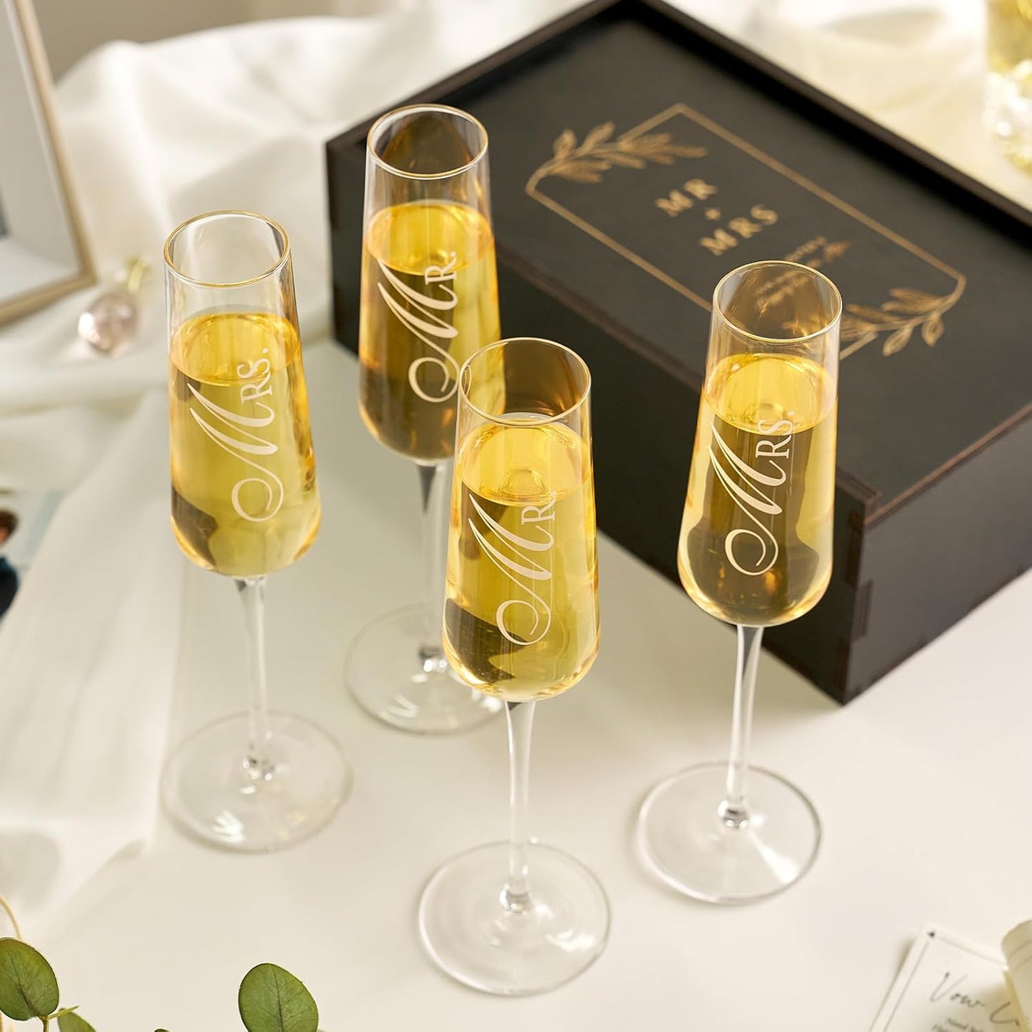Mr. & Mrs. Champagne Flute Set - Elegant His and Hers Wedding Toasting Glasses for Celebrations, Bridal Shower Wedding Registry Gifts, Tall Wine Glasses for Bride and Groom