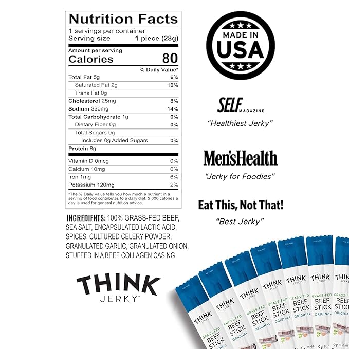 Think Jerky Original Beef Sticks, Gluten and Sugar Free, No Nitrates, Keto Paleo Friendly High Protein Low Carb Meat Snack - 1.0 oz Sticks, 10 Pack