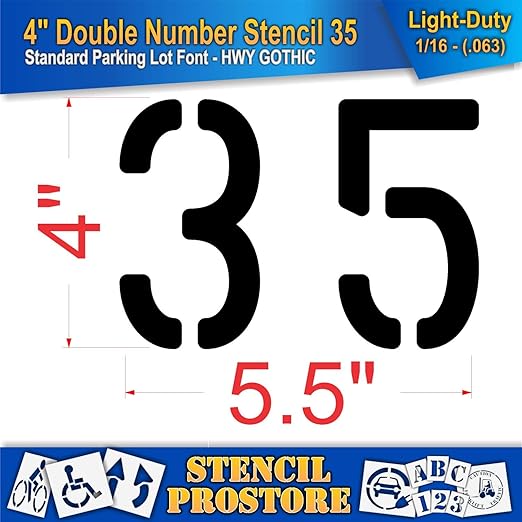 Pavement, Curb, and WheelStop Stencils - 4 inch Double Number Stencil - (35) - 4" x 5.5" x 1/16" (63 mil) - Light-Duty