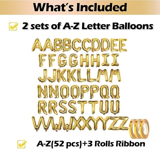 [52 PCS] 16" Foil Gold Letter Balloons 2 Sets of A-Z, Mylar Aluminum Hanging Alphabet for Graduation New Year eve Birthday Party Decorations