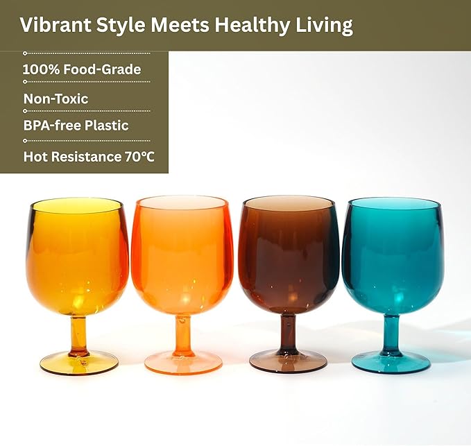 8.5 oz Plastic Stem Wine Glasses, Colored Stackable Acrylic Goblets, Reusable Drinking Cup for Kids, BPA-Free, Dishwasher Safe Tumblers for party (Set of 8, Gift Box)