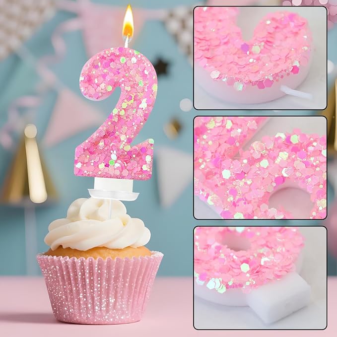 Zailo Birthday Number Candles, Glitter Number Candle Cake Decorations with Sequins, Cupcake Decorations for Girls, Women, Party Anniversary Celebrations (Number 2, Light Pink)