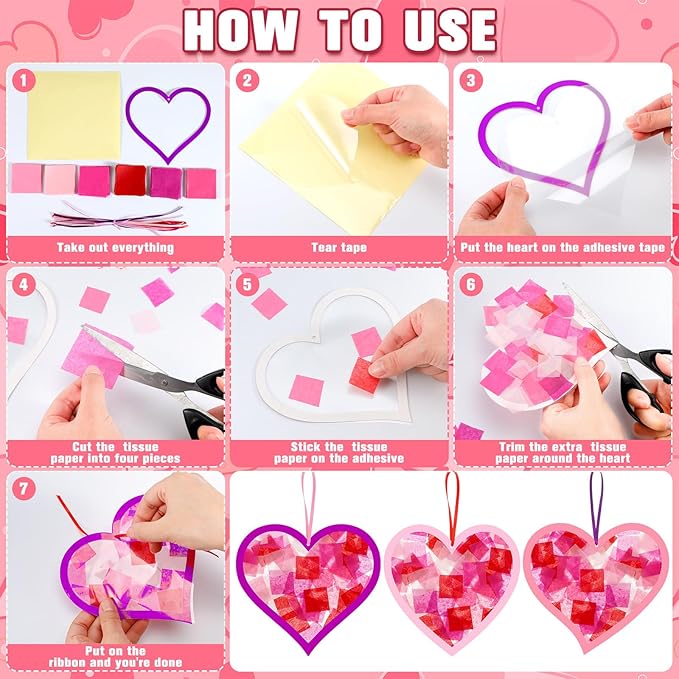 Motipuns 32 Sets Valentine Suncatchers Paper Craft Set DIY Heart Shaped Window Stained Glass Effect Paper Kit for Valentine Mother's Day Art Projects Party Favors (Classic Style)