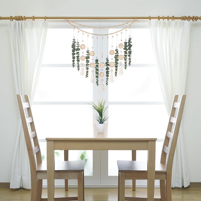 Artificial Hanging Eucalyptus Wall Decor Fake Greenery Leaves Wall Hanging Plants on Long Wooden Beads Garland Wall Art Large Boho Rustic Farmhouse Decor for Bathroom Bedroom Living Room Sage Green