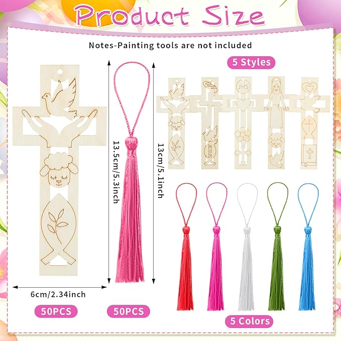 Yexiya 50 Set First Communion Party Favors, DIY Wooden Cross Bookmarks with Tassels for Baptism, Sunday School Crafts Bulk, Christian Religious Gifts for Confirmation & Church Events