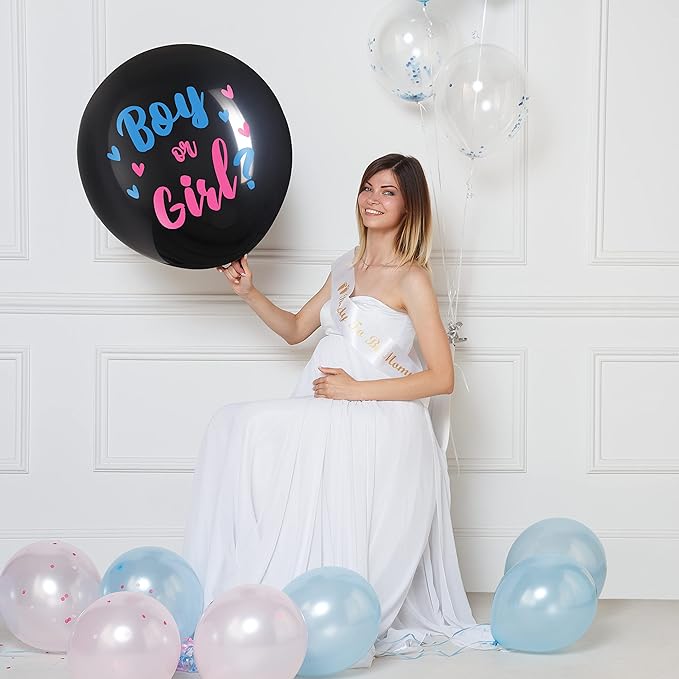 5 Pc Jumbo 36 Inch Baby Gender Reveal Balloon Kit - Big Black Balloons with Pink and Blue Heart Shape Confetti - Baby Shower Party Supplies, Gender Reveal Decorations for Boy or Girl