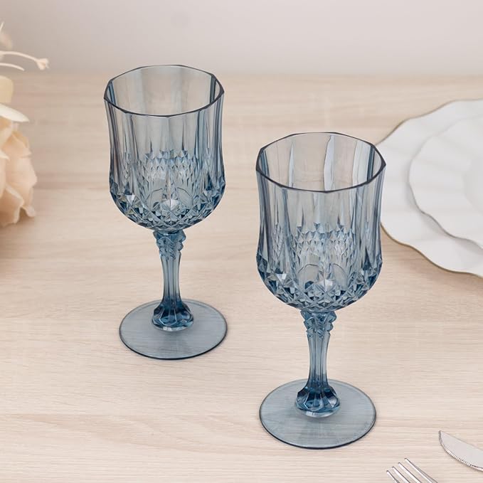 Efavormart 6-Pack Plastic Wine Glasses 8oz, Dusty Blue - Crystal Cut Shatterproof Cocktail Goblets Drinking Glasses