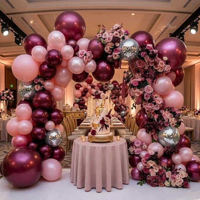 Purple Pink Balloon Arch Double Stuffed Burgungy Pink Pearl Balloons Plum Silver Disco Balloon Garland for Birthday Prom Bridal Shower Mother’s Day Wedding Music Theme Party Decoration