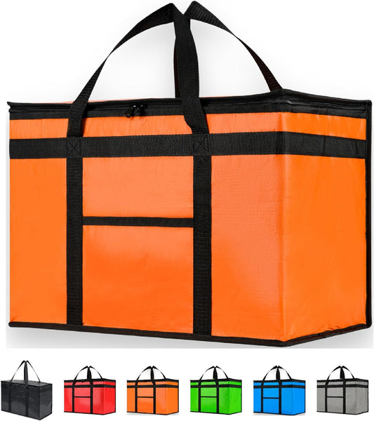 Durable XXL PRO Insulated Cooler Bag and Food Warmer for Delivery & Grocery Shopping with Zippered Top, Orange Commercial Grade (1 pack)