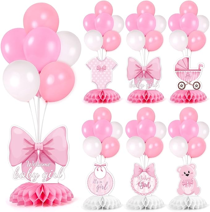 6 Set Pink Baby Shower Decorations Pink Balloon Centerpiece for Tables with Balloons Stand Kit for Baby Girl Princess Birthday Wedding Bridal Shower Graduation Mother's Day Party Decorations