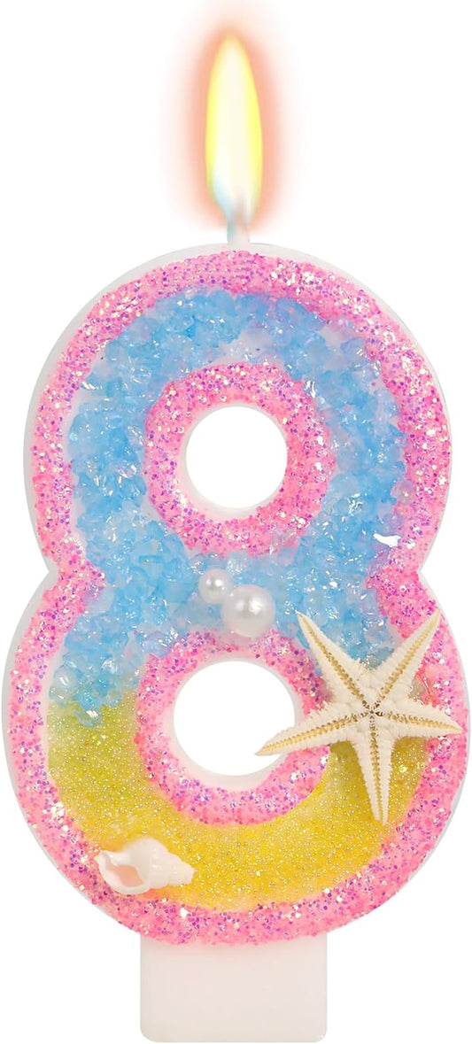 8th Birthday Candle for Cake, Pink Beach Starfish Sequins Number Candles, 2.76 inch Pink Cake Topper Decoration for Birthday Party (Number 8)