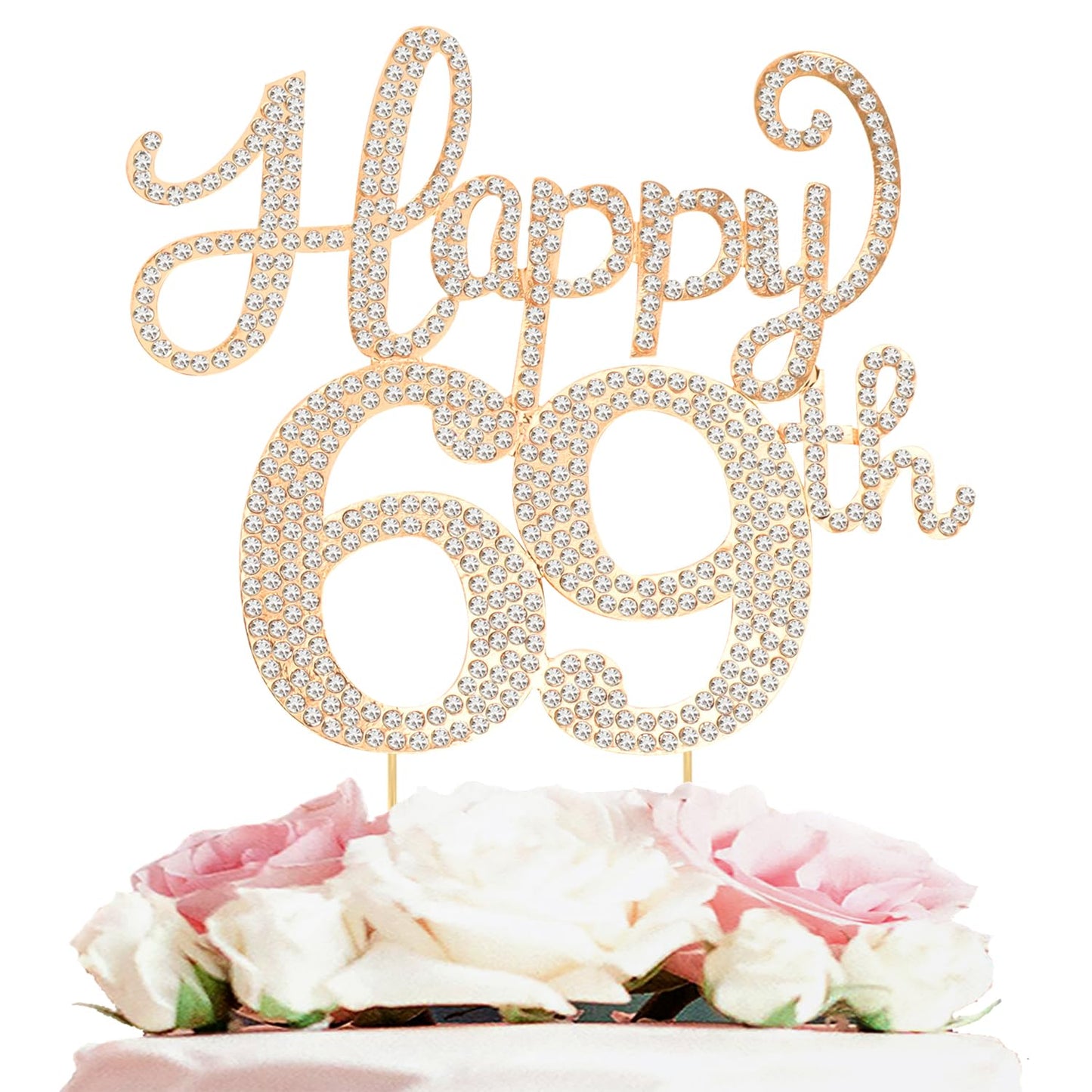 Happy 69th Birthday Decorations,69th Birthday Gold Rhinestone Cake Topper - Cheers to 69 Years Old Bday Party Metal Sparkly Cake Centerpieces Sign.