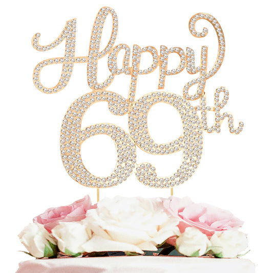 Happy 69th Birthday Decorations,69th Birthday Gold Rhinestone Cake Topper - Cheers to 69 Years Old Bday Party Metal Sparkly Cake Centerpieces Sign.