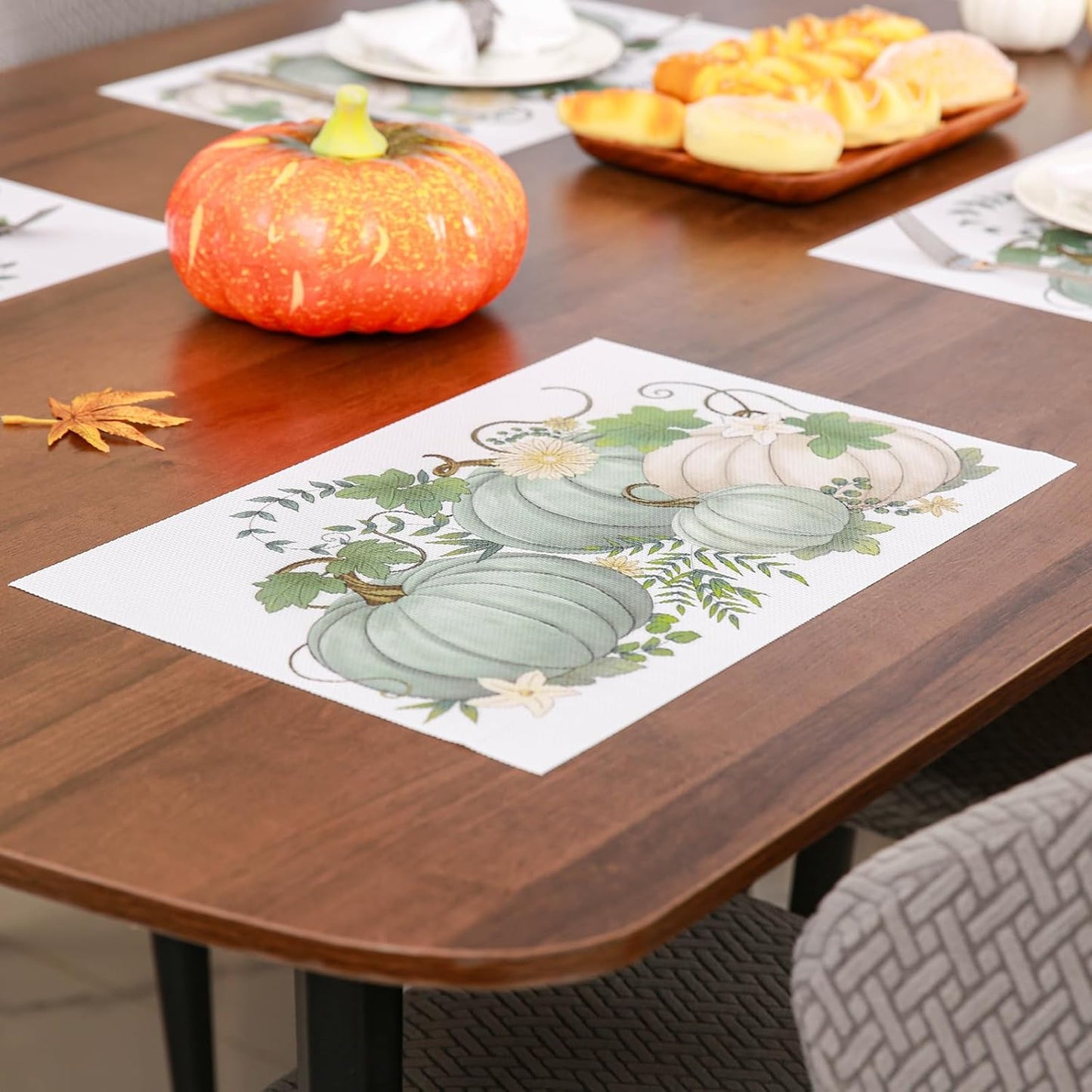 Thanksgiving Placemats Set of 6 Fall Place Mats Pumpkin Maple Leaves Table Mats Washable Non-Slip Heatproof Woven Placemats for Dining Table (17.7" X 11.8")