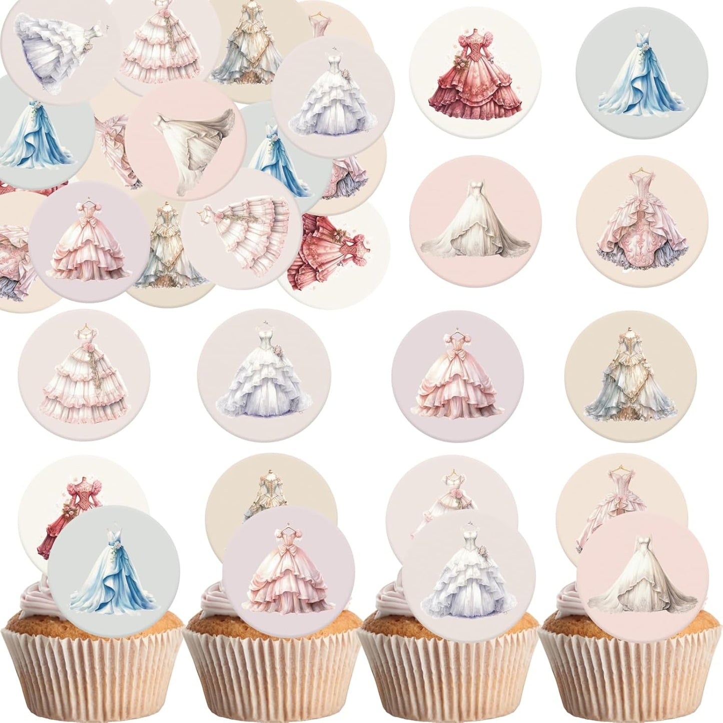 36PCS Edible Wedding Dress Cupcake Toppers Wafer Paper Bride Full Dress Cupcake Decoration Vintage Formal Gown Cupcake Picks for Bridal Shower Wedding Party Decor Supplies