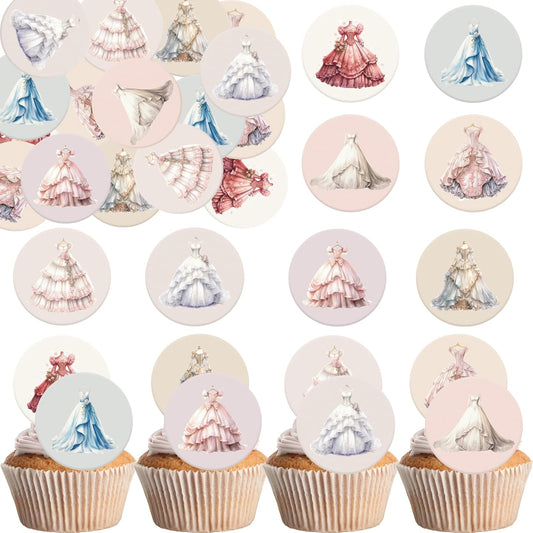 36PCS Edible Wedding Dress Cupcake Toppers Wafer Paper Bride Full Dress Cupcake Decoration Vintage Formal Gown Cupcake Picks for Bridal Shower Wedding Party Decor Supplies