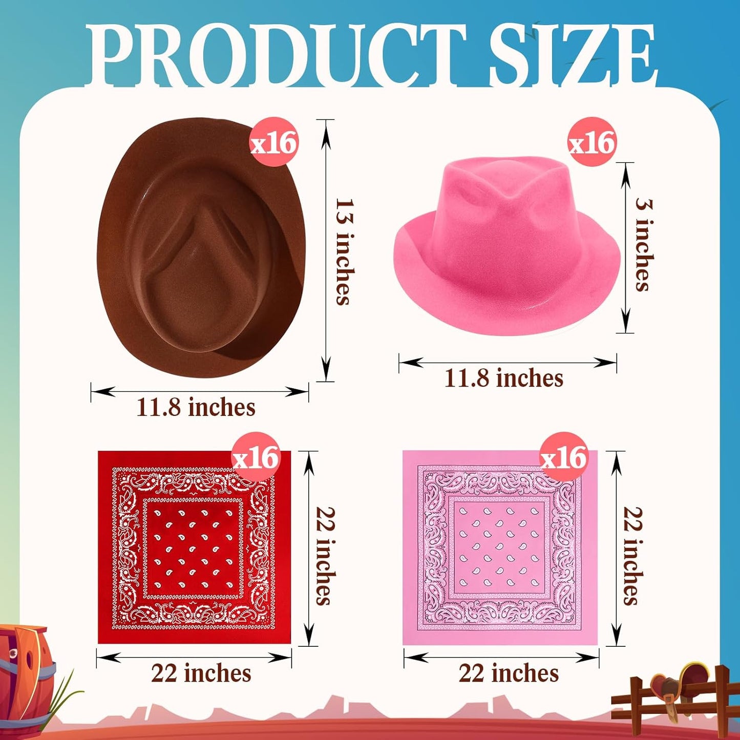 Hillban 72 Pcs Western Cowboy Hat and Paisley Bandana Set for Kids Felt Cowboy Party Hats for Costume Party Favors(Brown, Pink)