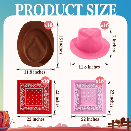 Hillban 72 Pcs Western Cowboy Hat and Paisley Bandana Set for Kids Felt Cowboy Party Hats for Costume Party Favors(Brown, Pink)