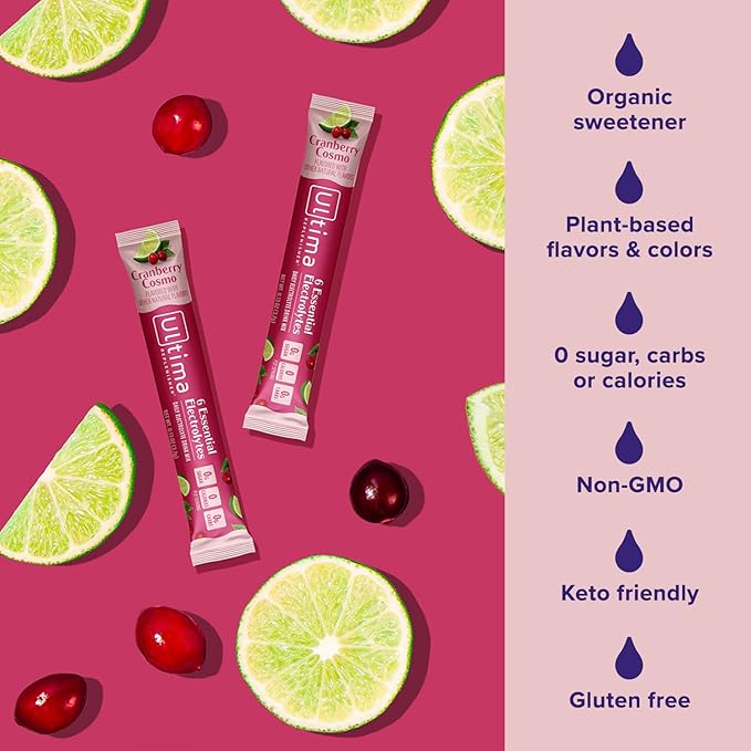 Ultima Replenisher Daily Electrolyte Powder Drink Mix - Sugar Free - Cranberry Cosmo, 16 Stickpacks - Hydration Packets with 6 Key Electrolytes and Trace Minerals – Keto Friendly, Non-GMO