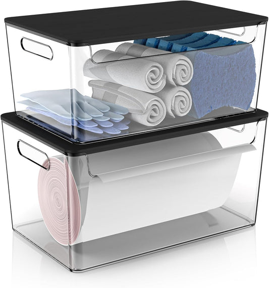 2 Pack Trash Bag Holder Under Sink Stackable, Plastic Garbage Bag Dispenser with Lid, Trash Bag Storage Dispenser Roll Holder for Kitchen, Pantry, Laundry Room Organization (Black Lid)