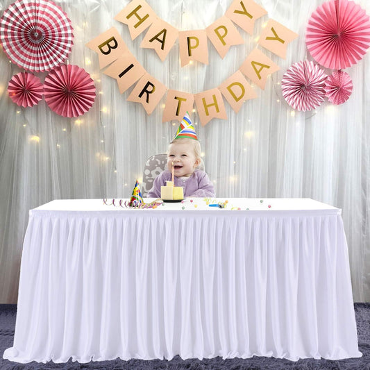 14ft White Table Skirts for Rectangle Tables Polyester Pleated Ruffle Table Skirt Tablecloth for Wedding Birthday Party Baby Bridal Shower Banquet Decoration