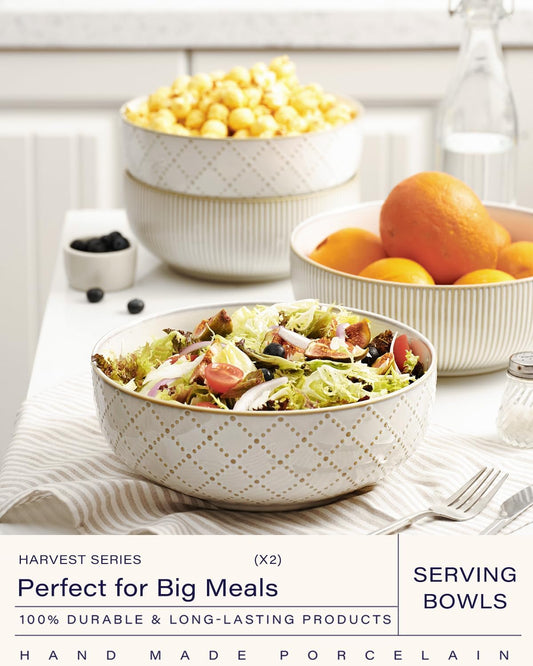 getstar Large Serving Bowls (9.5 inch & 92 fl oz), Ceramic Salad Bowl Set of 2, Microwave and Dishwasher Safe, Farmhouse Kitchen Decorative Bowls Set (Embossed Checks & Stripes)