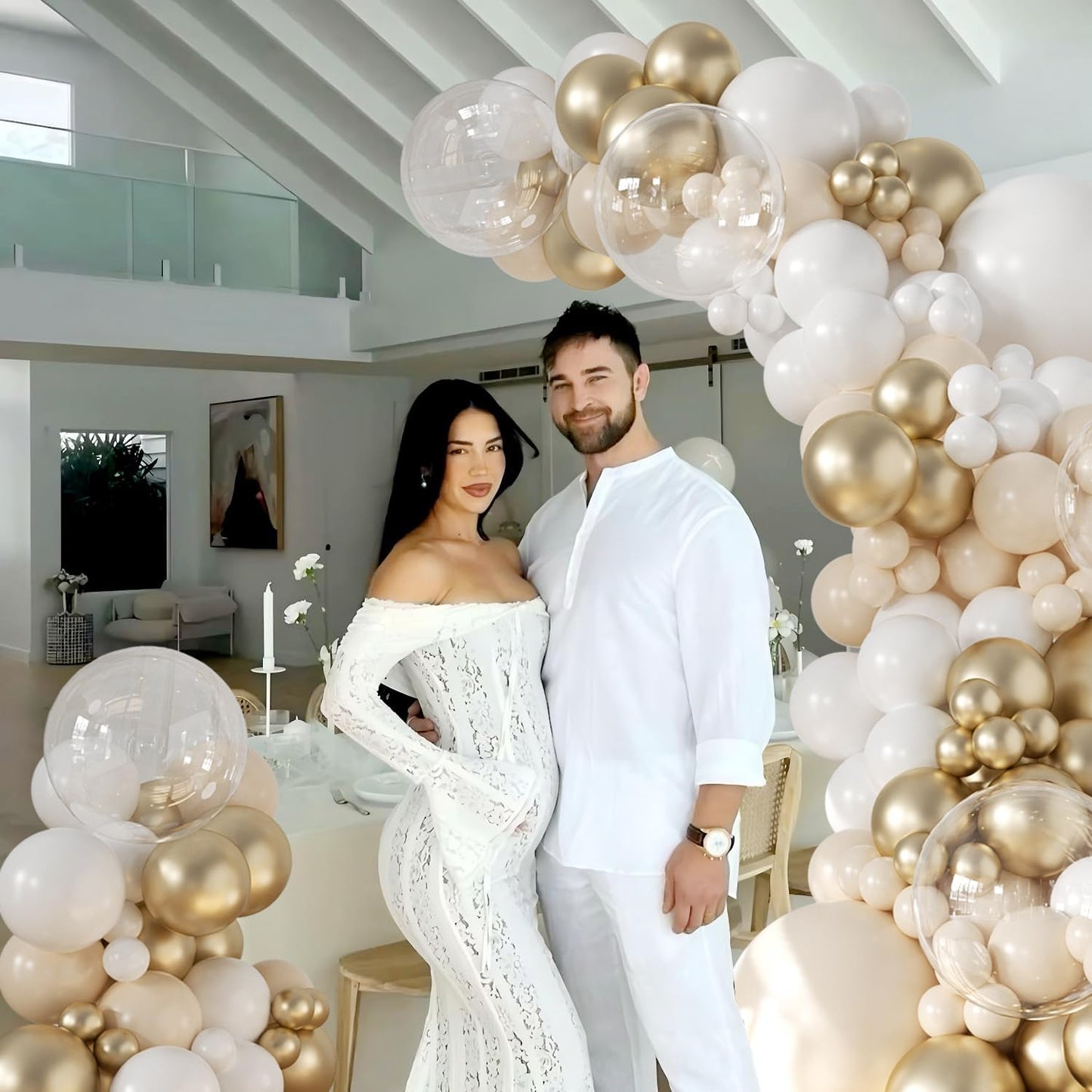 White and Gold Balloon Garland Arch Kit 132Pcs Metallic gold Ivory white Cream White Clear Balloons Different Sizes for Wedding Engagements Birthday Bridal Shower Baby Shower Anniversary Decorations