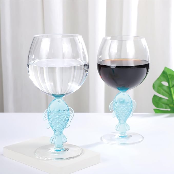 Supreme Housewares Fish Stem Wine Glasses, Blue Fish-Shaped Reusable Shatterproof Acrylic Glass for Red or White Wine, Poolside, Outdoors, Parties, 18 oz, Set of 2