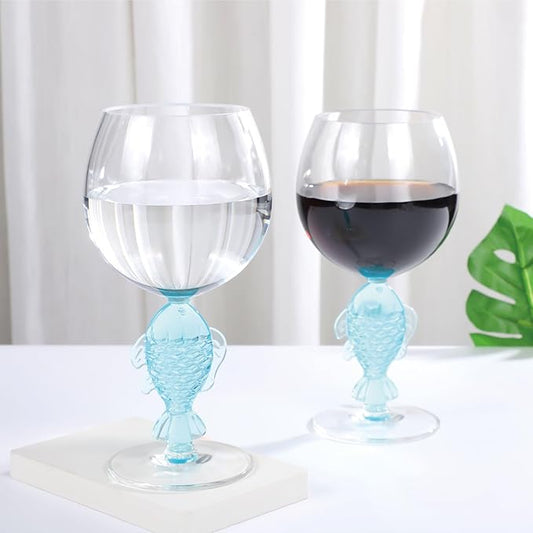 Supreme Housewares Fish Stem Wine Glasses, Blue Fish-Shaped Reusable Shatterproof Acrylic Glass for Red or White Wine, Poolside, Outdoors, Parties, 18 oz, Set of 2