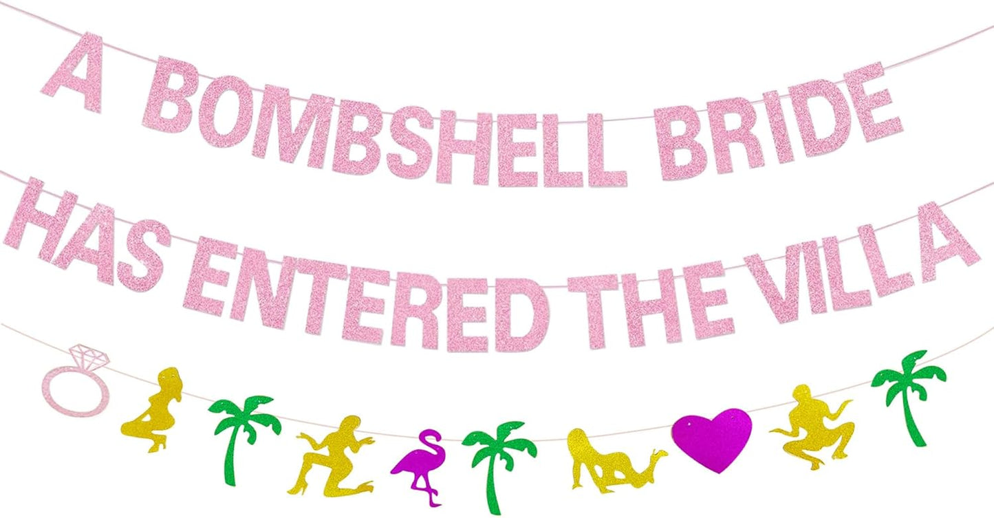 A Bombshell Bride Has Entered The Villa Banner Palm Tree Ring Mylar Balloon for Love Island Themed Bachelorette Party Decorations
