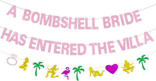 A Bombshell Bride Has Entered The Villa Banner Palm Tree Ring Mylar Balloon for Love Island Themed Bachelorette Party Decorations