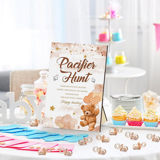 Thyle 51 Pcs Pacifier Hunt Baby Shower Games Include Hunt Sign and 50 Acrylic Pacifiers for Baby Shower Game Decoration Gift Sets Gender Reveal Party Decor(Brown Bear)