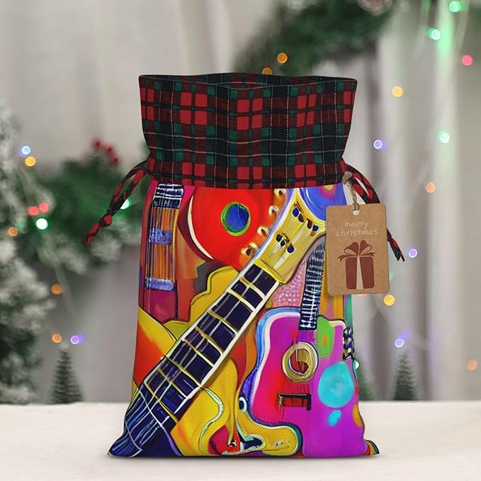 PULaif Color Acoustic And Guitars Christmas Drawstring Gift Bags, Large Size Christmas Bags For Gifts Party Favors, Xmas Gift Bags