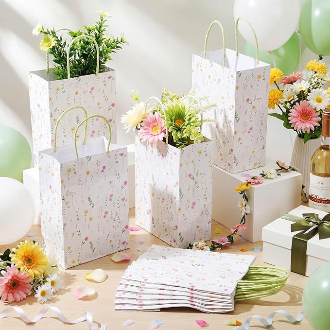 Marspark 24 Pcs Spring Wildflower Paper Gift Bags for Wedding Bridal Baby Shower Engagement Birthday Party Supplies Floral Treat Bag with Handles Candy Goodie Bags for Guests