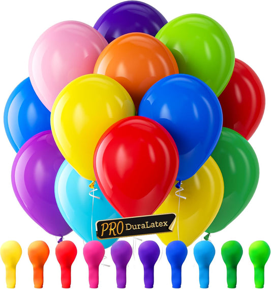 Bezente Pro Duralatex Assorted Rainbow Balloons - 100 Pack 12 inch Extra-Thick Rainbow Balloons for Long-Lasting Professional Party Decorations, Large Birthday Baby Shower Wedding