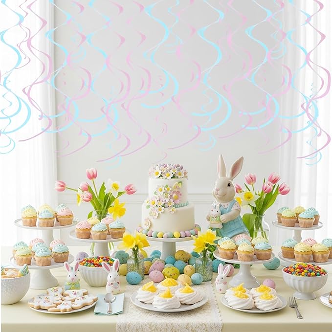 BEISHIDA Matte Pink and Blue Hanging Swirls Party Decorations Plastic Streamer for Baby Shower Hanging Ornament Decorations, Birthday Easter Bridal Party Supplies, Pack of 24