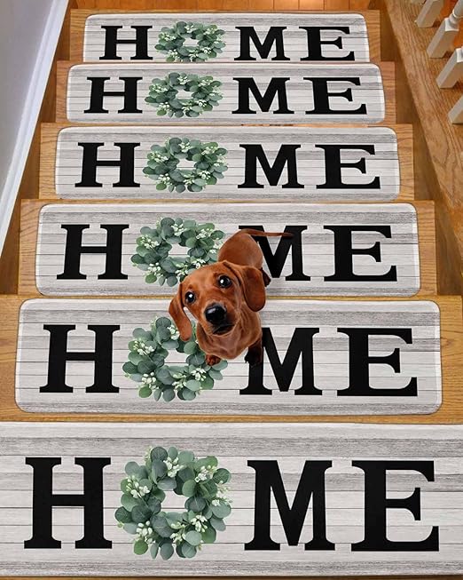 Stair Treads Non Slip Carpet,Home Green Eucalyptus Wreath Indoor Step Treads for Wooden Steps,Farm Vintage Wood Board Reusable Adhesive Stair Runner for Elders Dogs,15 Pack 8"x30"