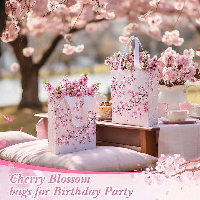 Supervitae 24 Pack Cherry Blossom Theme Gift Bags Spring Floral Medium Goodie Party Favor Bags Vintage Reusable Totes Non Woven Totes for Baby Shower Birthday Wedding Family Travel(9.8" x 7.9" x 3.9")