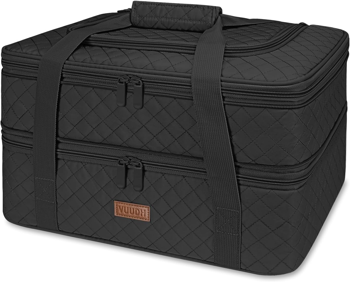 Vuudh Quilted Double Decker Casserole Carrier - Expandable Dish Carrying Case for Hot or Cold Food, Lasagna Holder for Potluck Parties, Picnic, Beach, Fits 9"×13" Baking Dish (Black)