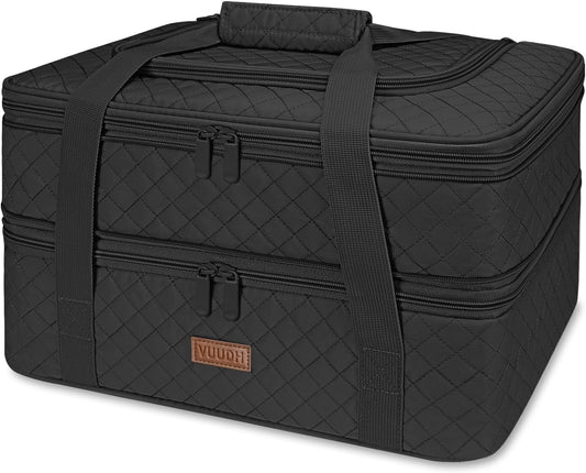 Vuudh Quilted Double Decker Casserole Carrier - Expandable Dish Carrying Case for Hot or Cold Food, Lasagna Holder for Potluck Parties, Picnic, Beach, Fits 9"×13" Baking Dish (Black)