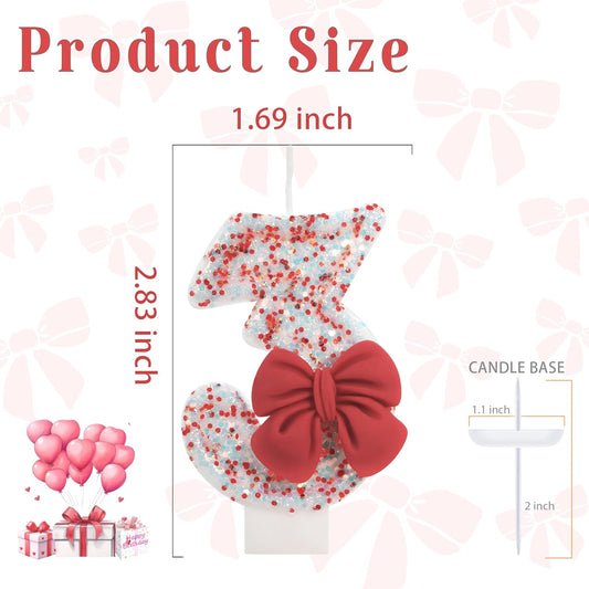 Birthday Candle for Cake, Red Bow Number Candles, 2.76 inch Cake Topper Decoration for Birthday Party (Number 3)