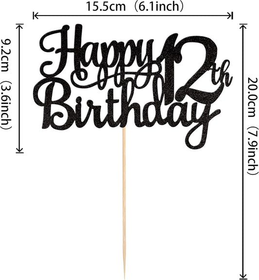 1 PCS Happy 12th Birthday Cake Topper Glitter Cheers to 12 Years Birthday Cake Pick 12 Fabulous Cake Decoration for Happy 13th Birthday Theme Party Decorations Supplies Black