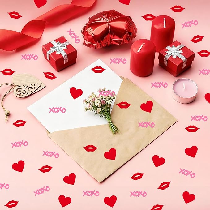 Hot Pink XOXO Letters with Red Lips & Hearts Confetti - 200-Piece Romantic Party Decor, Biodegradable Paper Mix for Valentine's Day, Wedding, Anniversary Table Scatter