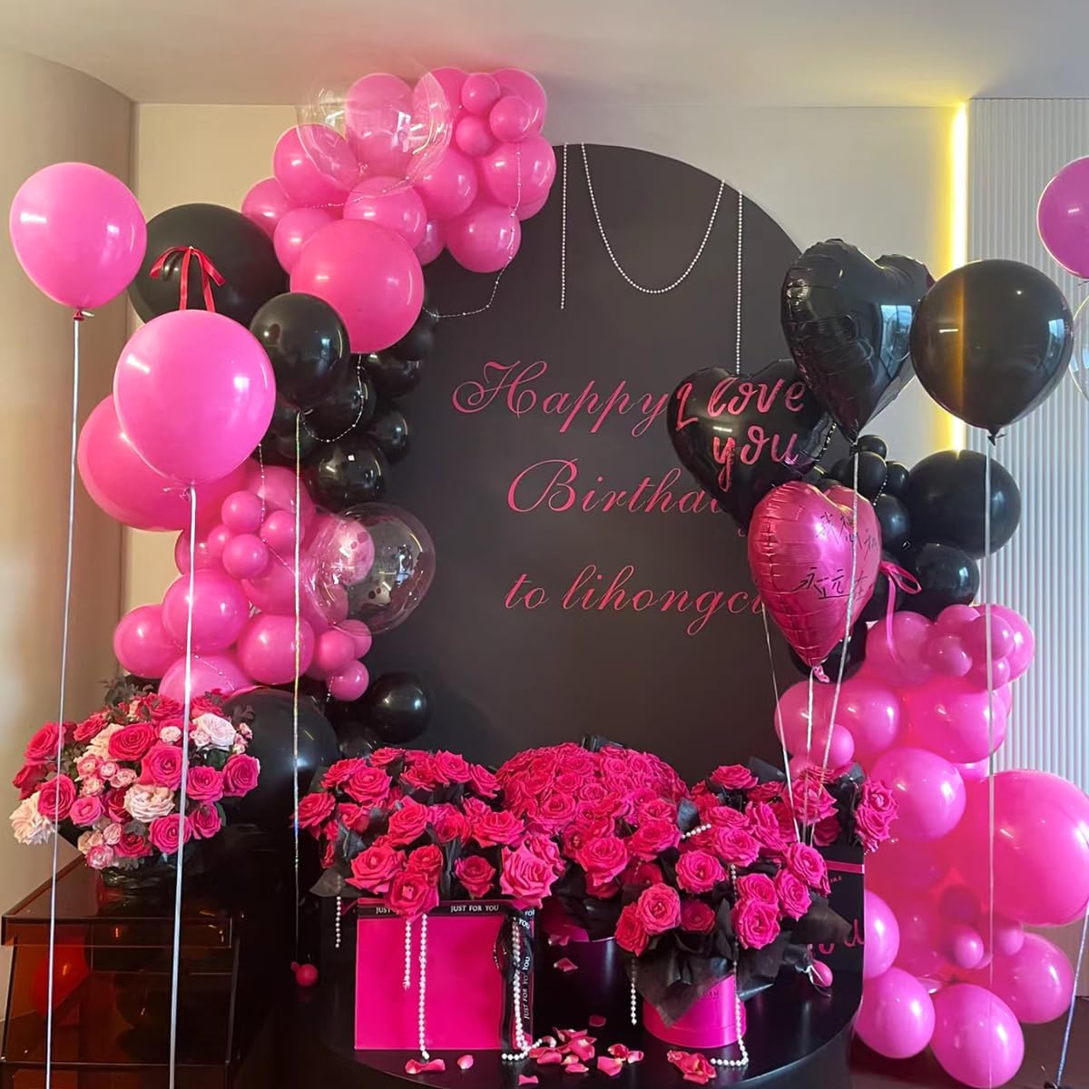Black and Hot Pink Balloons Garland Arch Kit With Clear Bobo Balloons, 151Pcs Latex Balloons Different Sizes 18 12 10 5 inch for Valentine Day Birthday Holiday Party Decorations
