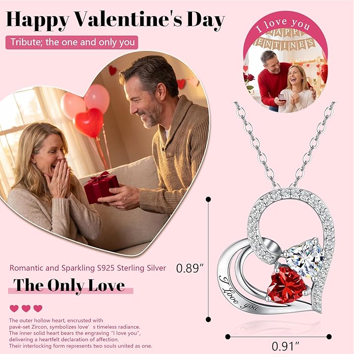 Double Birthstone Heart Necklace 0.8CT Dual-Gemstone S925 Sterling Silver Plated White Gold Engraved I Love You Perfect Anniversary/Valentine's Day Gift for Wife/Girlfriend/Mom/Daughter