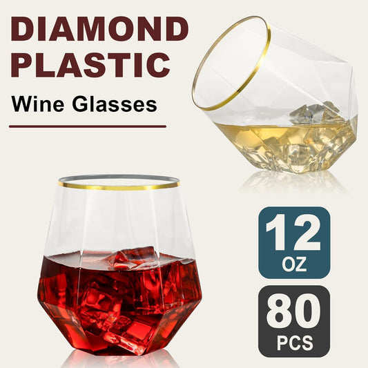Goodluck 80 PCS Diamond Stemless Plastic Wine Whiskey Glasses, 12 Oz Disposable Cocktail Glasses, Suitable for Weddings, Birthday Parties, Family Gatherings, Bars, etc （Gold rimmed cups）