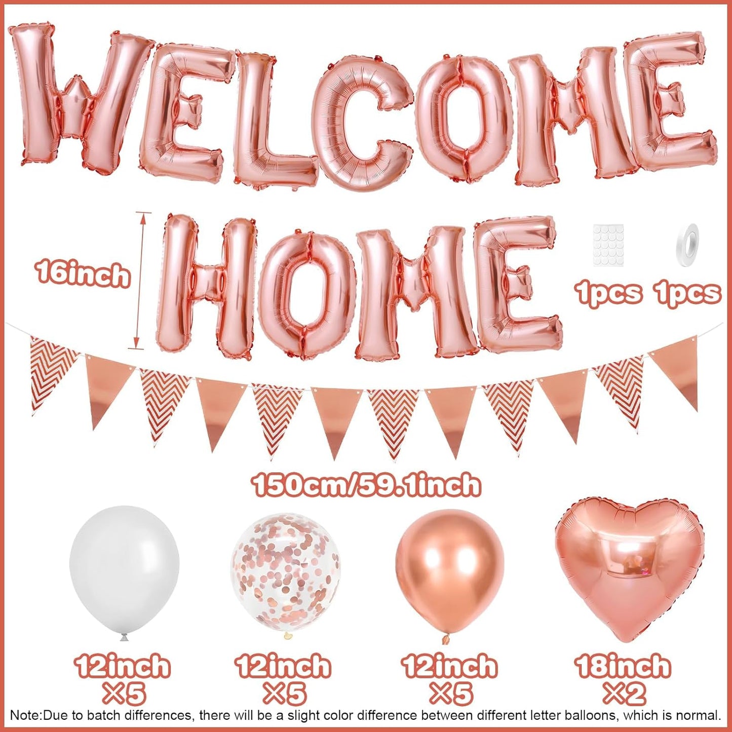 Welcome Home Decorations Rose Gold,Welcome Home Foil Balloon Banner with Rosegold Heart Balloons Pennant Flag Bunting for Housewarming Baby Shower Home Family Party Supplies